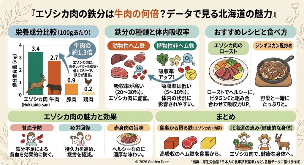 エゾシカ肉の鉄分は牛肉の何倍?データで見る北海道ジビエの栄養価